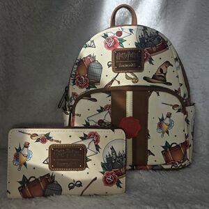 Loungefly Cream and Brown Harry Potter Backpack and Wallet